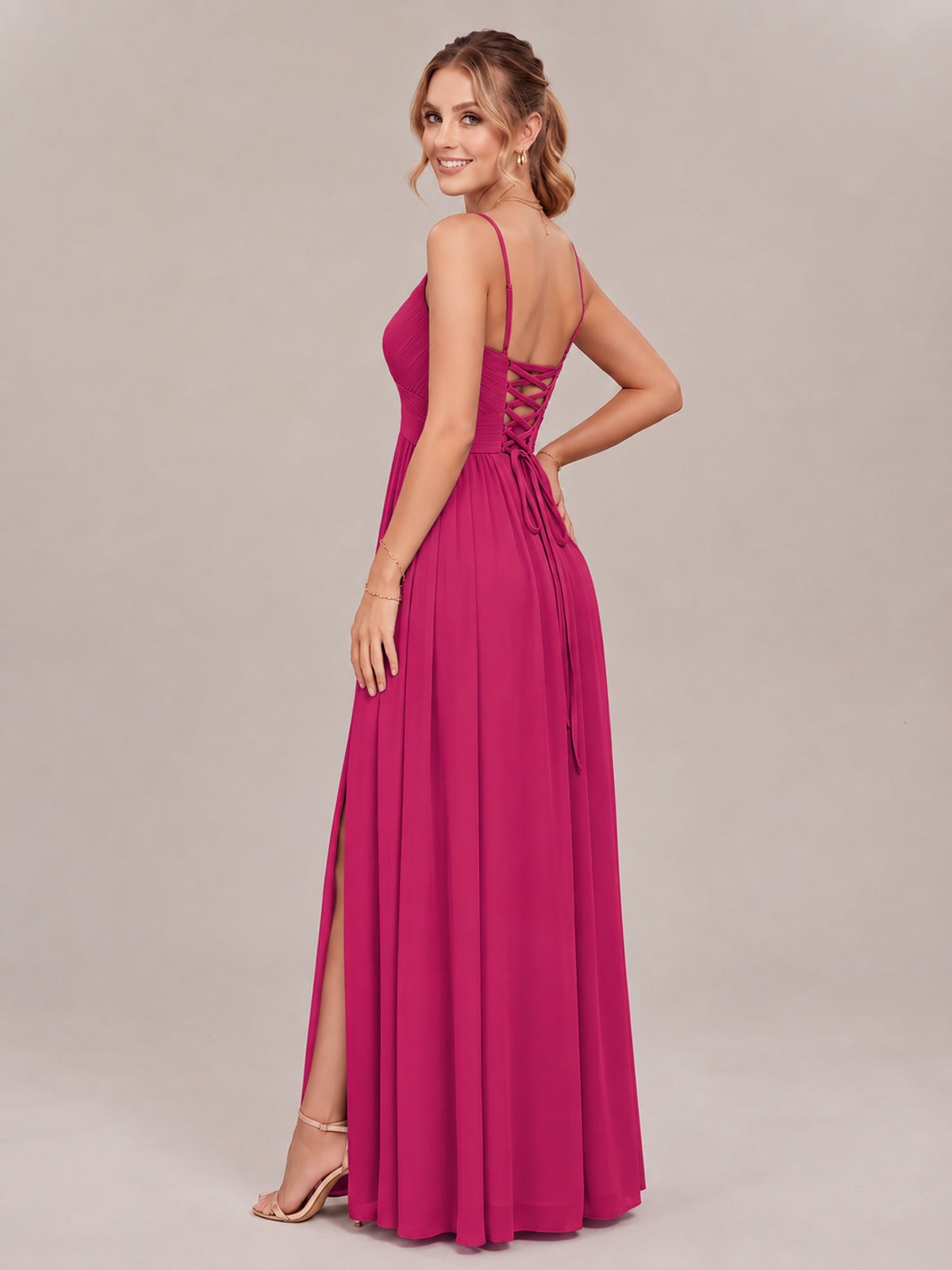 V-Neck Pleated Chiffon Long Bridesmaid Dress with Slit