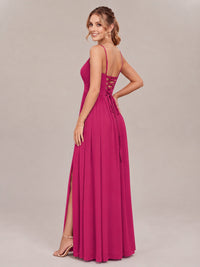 V-Neck Pleated Chiffon Long Bridesmaid Dress with Slit