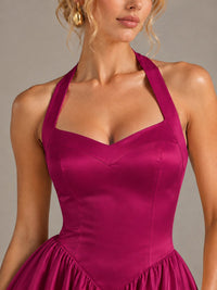 Light Yellow Halter Neck Satin A-Line Maxi Dress with Pockets