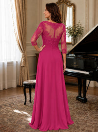 A-Line Chiffon Mother of the Bride Dress with Floral Applique 3/4 Sleeves