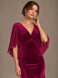 Navy Blue Velvet V Neck Mermaid Formal Dress with Flutter Cape Sleeves