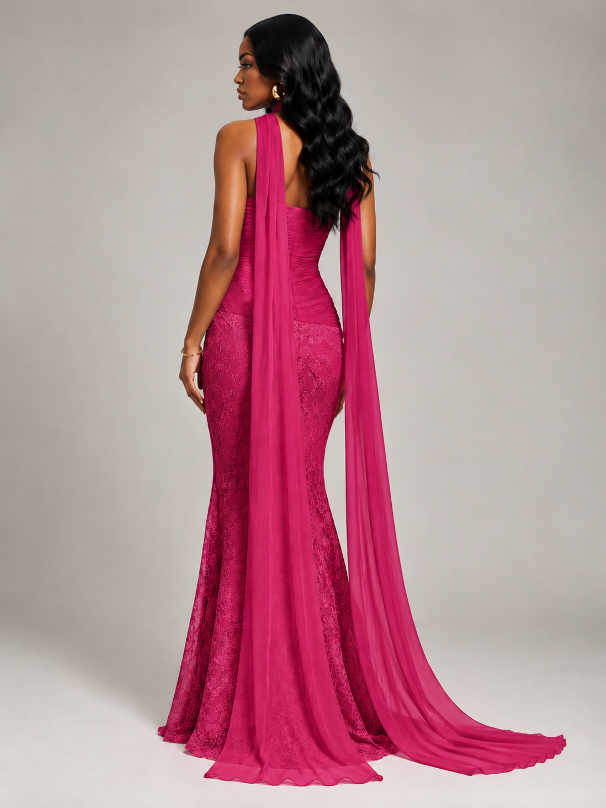 Pleated Chiffon Lace Prom Dresses Long Bodycon Mermaid with Scarf