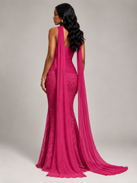 Pleated Chiffon Lace Prom Dresses Long Bodycon Mermaid with Scarf