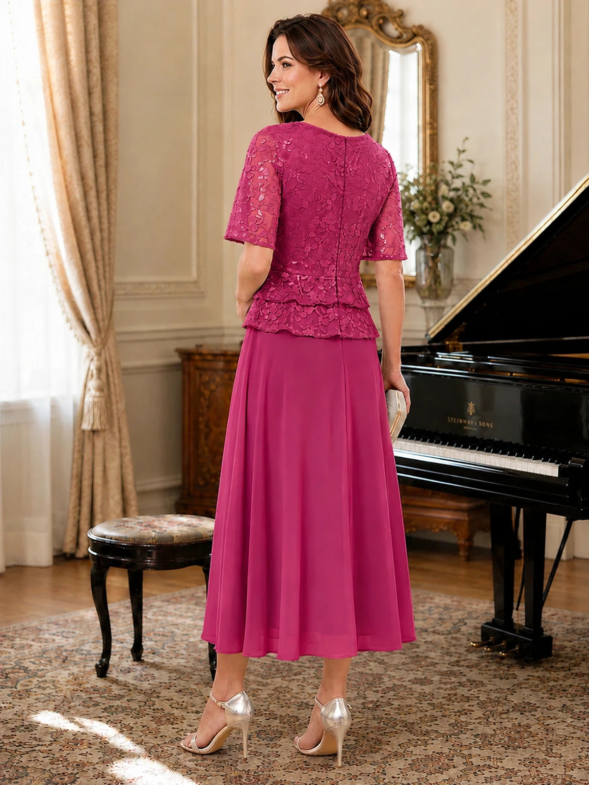 Tea-Length Chiffon Mother of the Bride Dress with Sequin Lace Sleeves