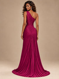 Burgundy One Shoulder Ruched Prom Dress with High Slit & Beaded Waist