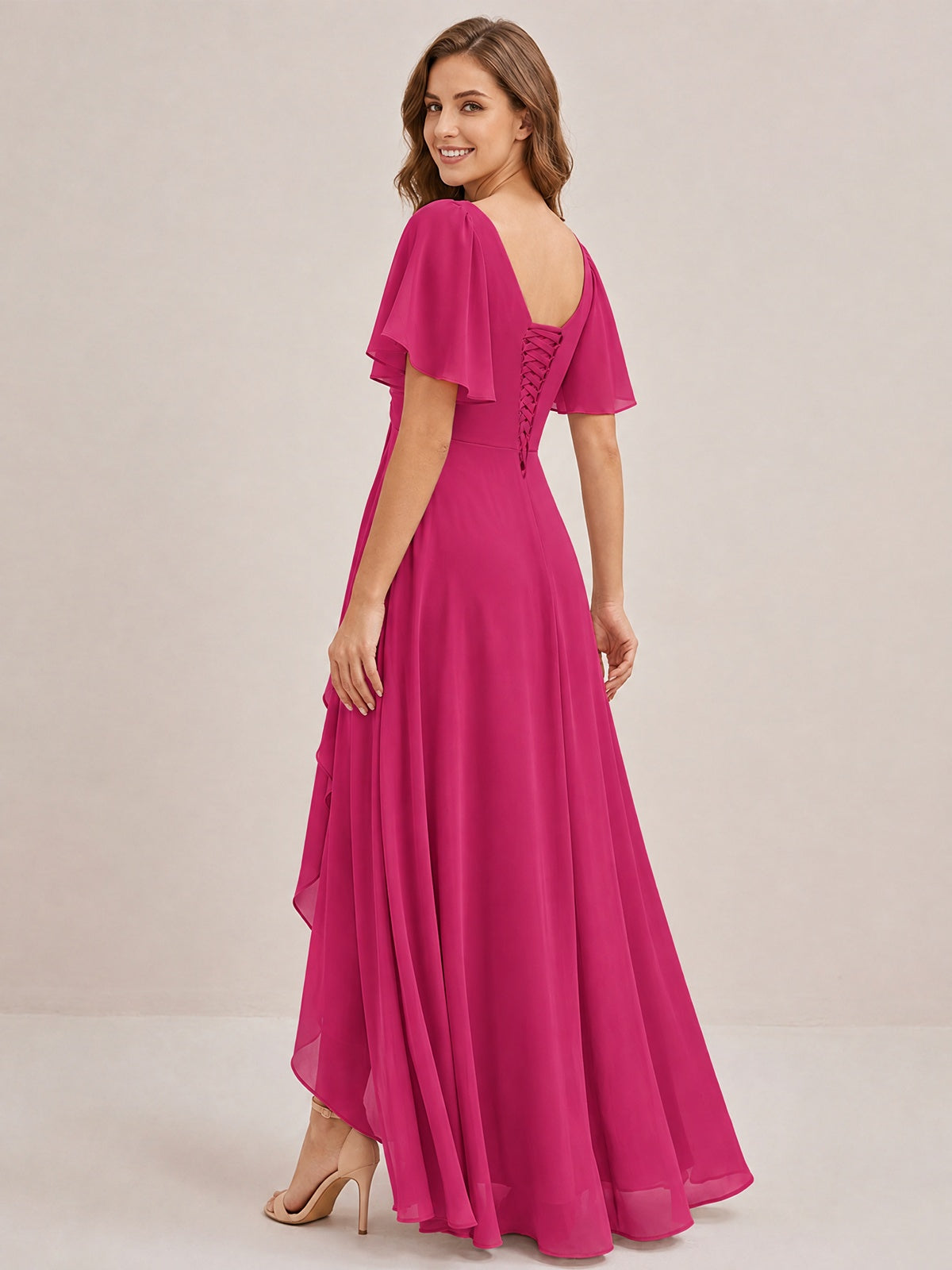 Dusty Blue Chiffon Bridesmaid Dress with Flutter Sleeves & High-Low Hem