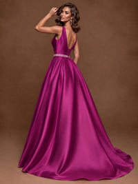 Satin A-Line Prom Dress Sleeveless Beaded Waist Formal Gown with Pockets