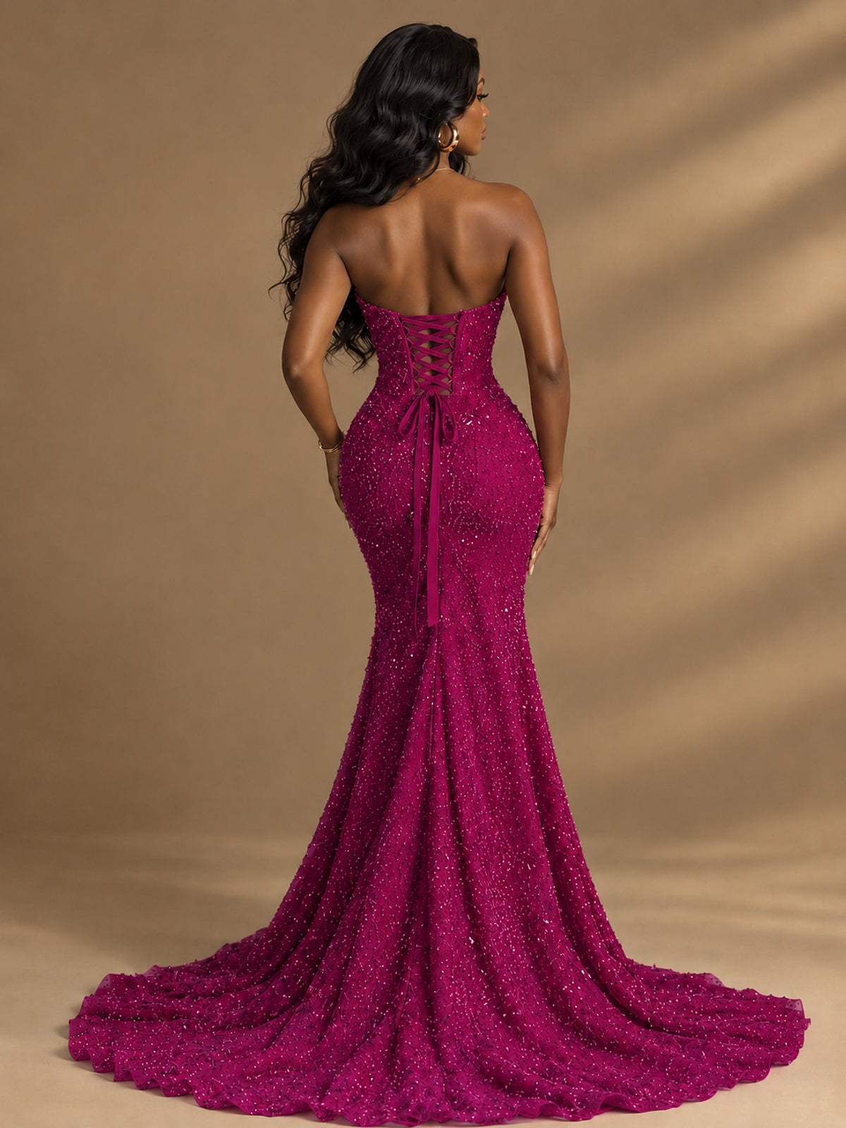 Beaded Sequin Prom Dress Strapless Formal Gowns with High Slit Train