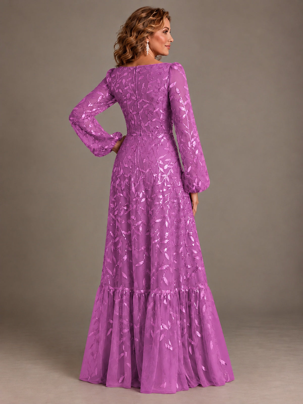 Floral Sequin Embroidered A-Line Mother of the Bride Dress with Long Sleeves