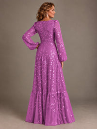 Floral Sequin Embroidered A-Line Mother of the Bride Dress with Long Sleeves