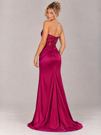 Strapless Satin Prom Dress with Sheer Lace Corset & High Slit