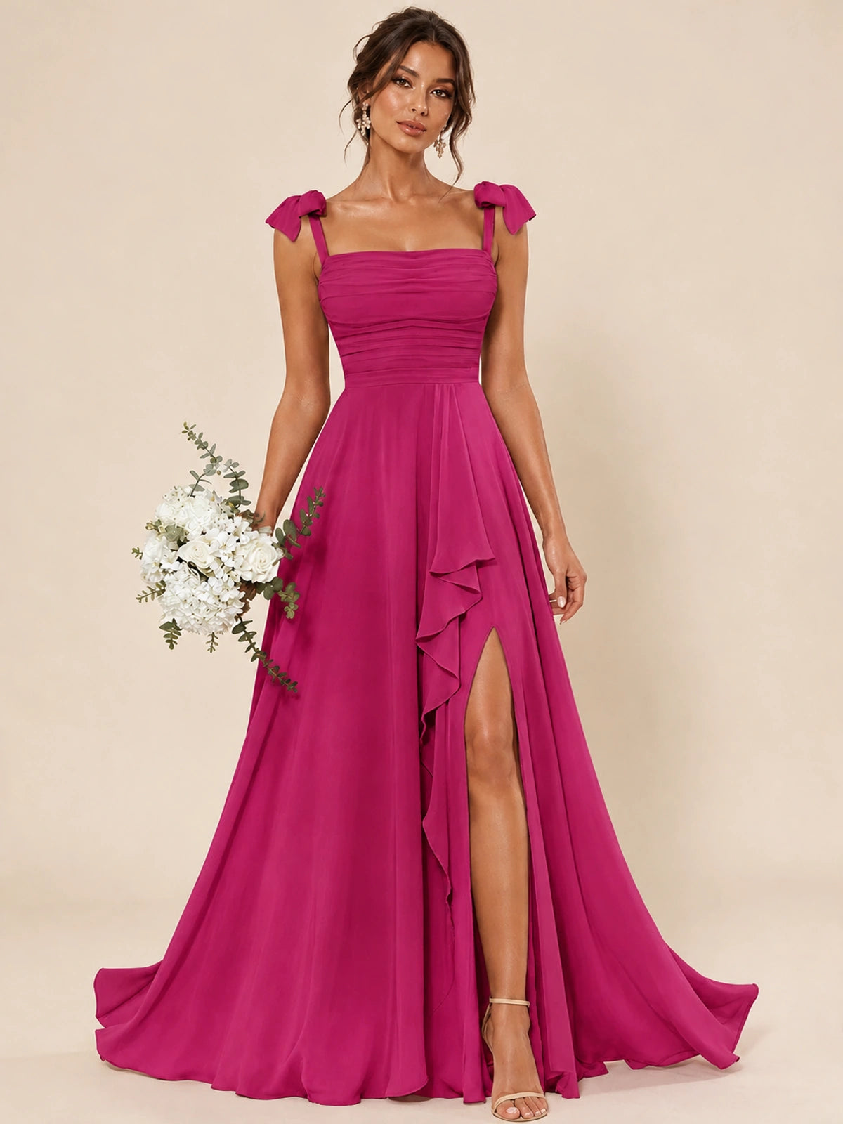 Ruffle Slit Chiffon A Line Scoop Neck Bridesmaid Dresses with Pockets