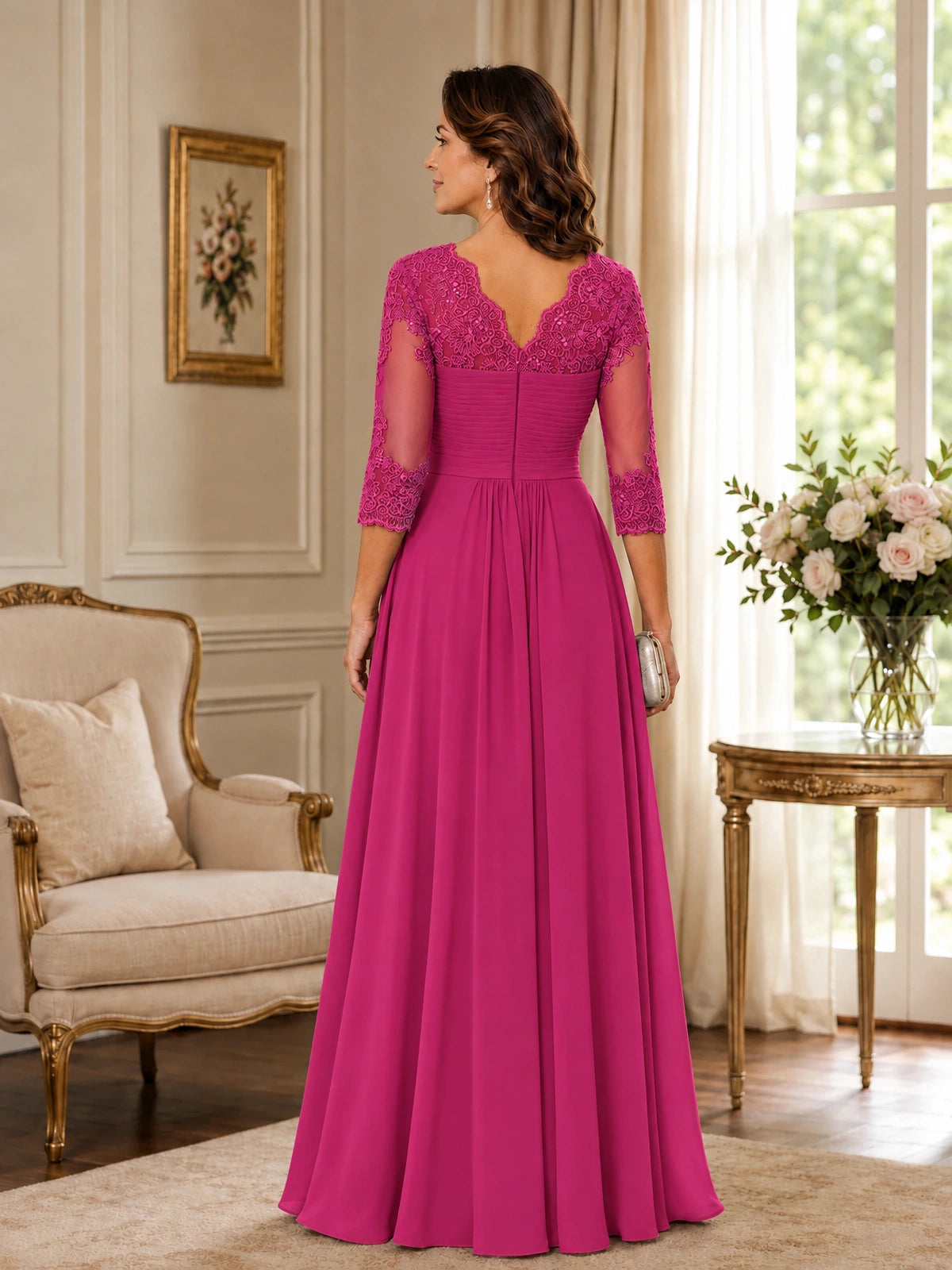 Chiffon Lace Applique Mother of the Bride Dress with 3/4 Sleeves