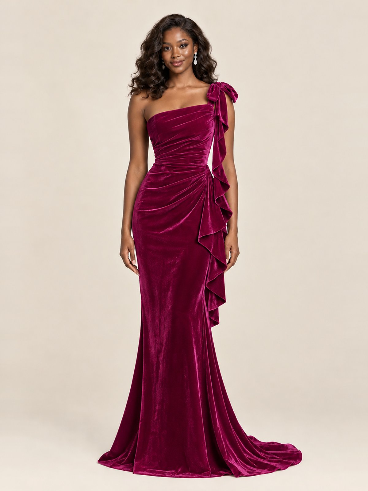 Black Velvet One-Shoulder Mermaid Evening Gown with Bow & Ruffles