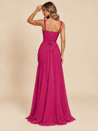 Wrap Pleated Prom Dress Scoop Neck with Slit Women Wedding Formal Dress