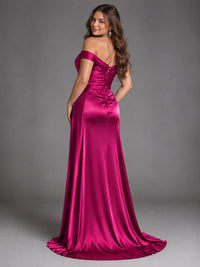 Off Shoulder Satin Maxi Dress with Slit