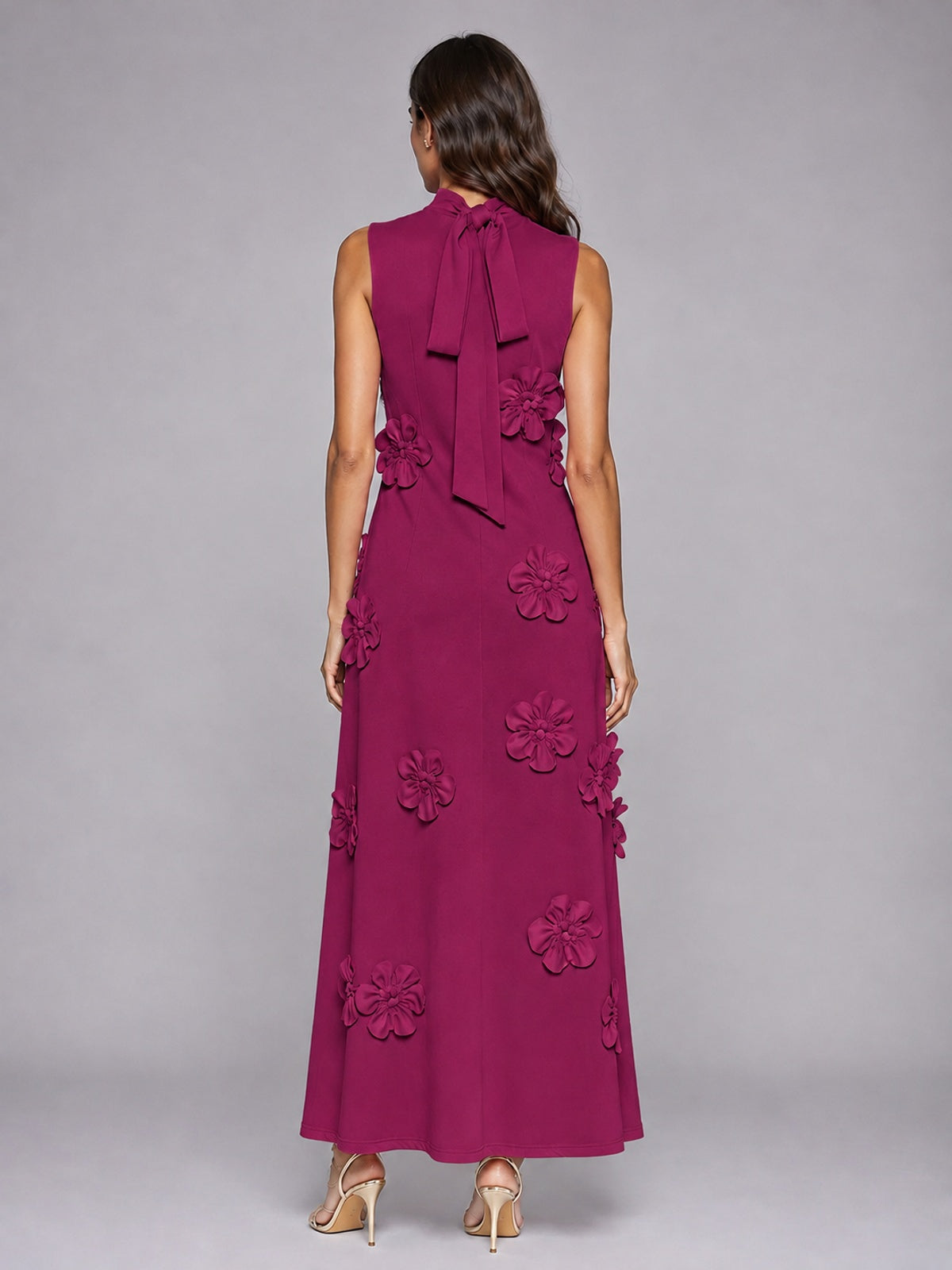 3D Floral Applique High Neck Prom Maxi Dress