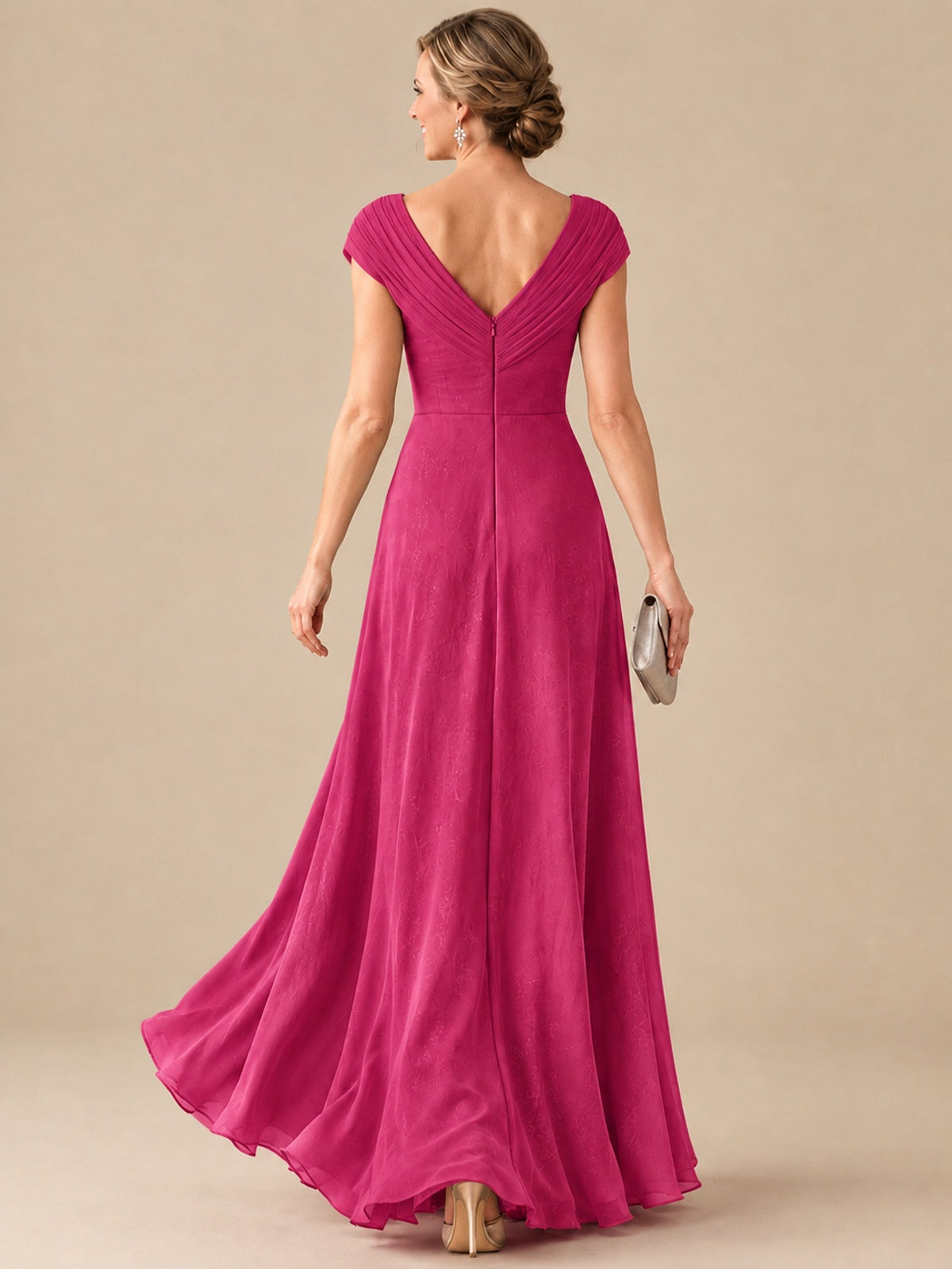 Pleated Chiffon Lace Mother of The Bride Dresses with Beading Cap Sleeves