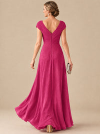 Pleated Chiffon Lace Mother of The Bride Dresses with Beading Cap Sleeves