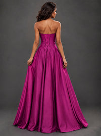 Draped Satin Prom Dress Strapless A-line Formal Dress Floor Length