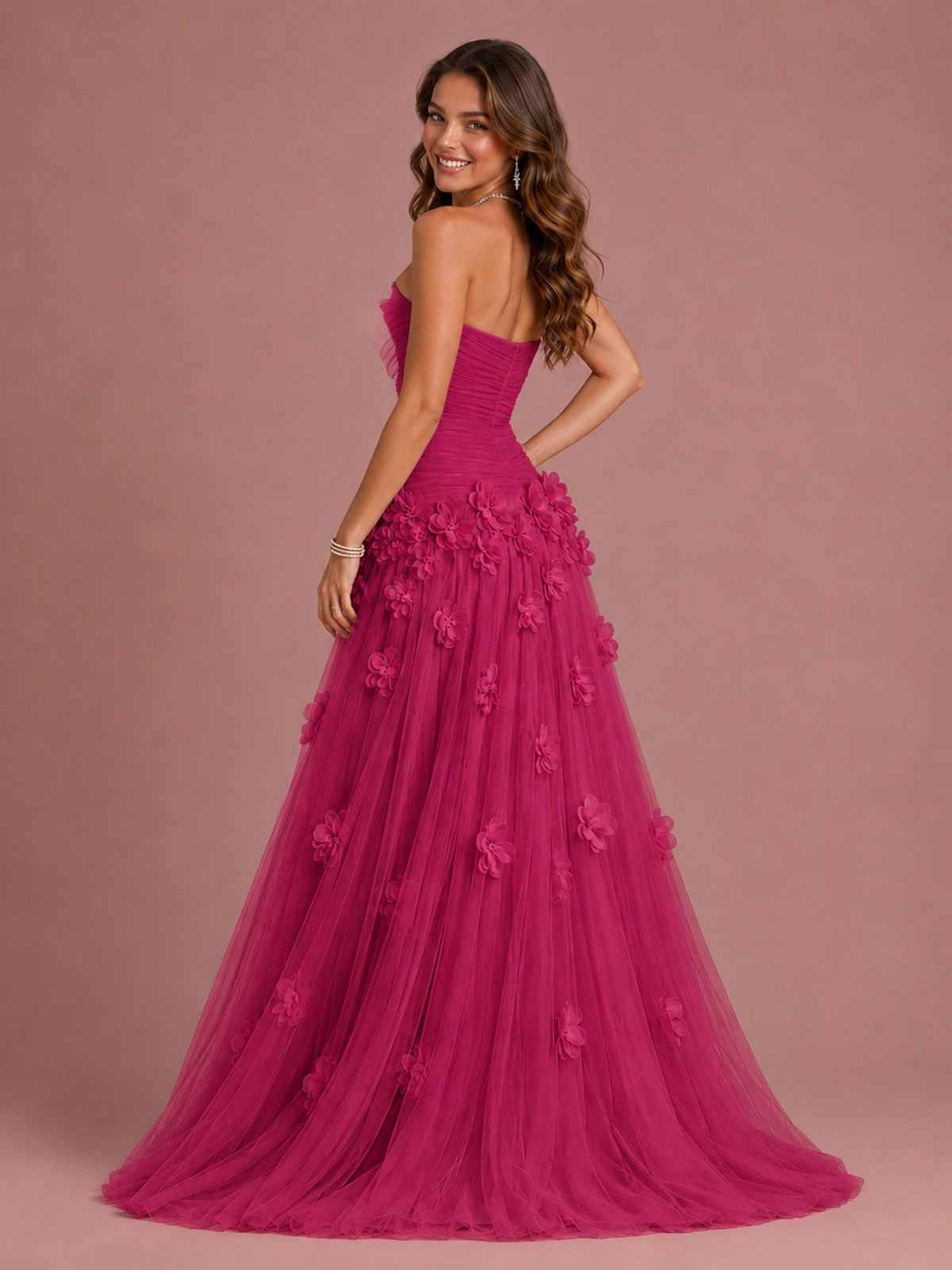 Blush Pink Strapless Sweetheart 3D Floral Tulle Ball Gown Prom Dres