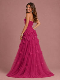 Blush Pink Strapless Sweetheart 3D Floral Tulle Ball Gown Prom Dres