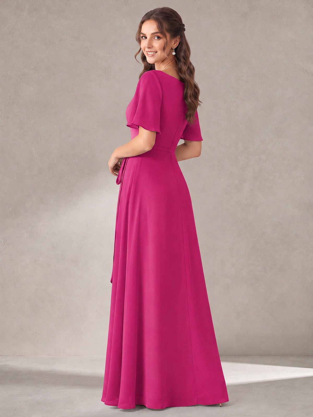 Scoop Neck A-line Chiffon Bridesmaid Dress with Flutter Sleeve & Belt