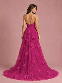 3D Floral Applique Strapless Tulle Prom Dress with High Slit