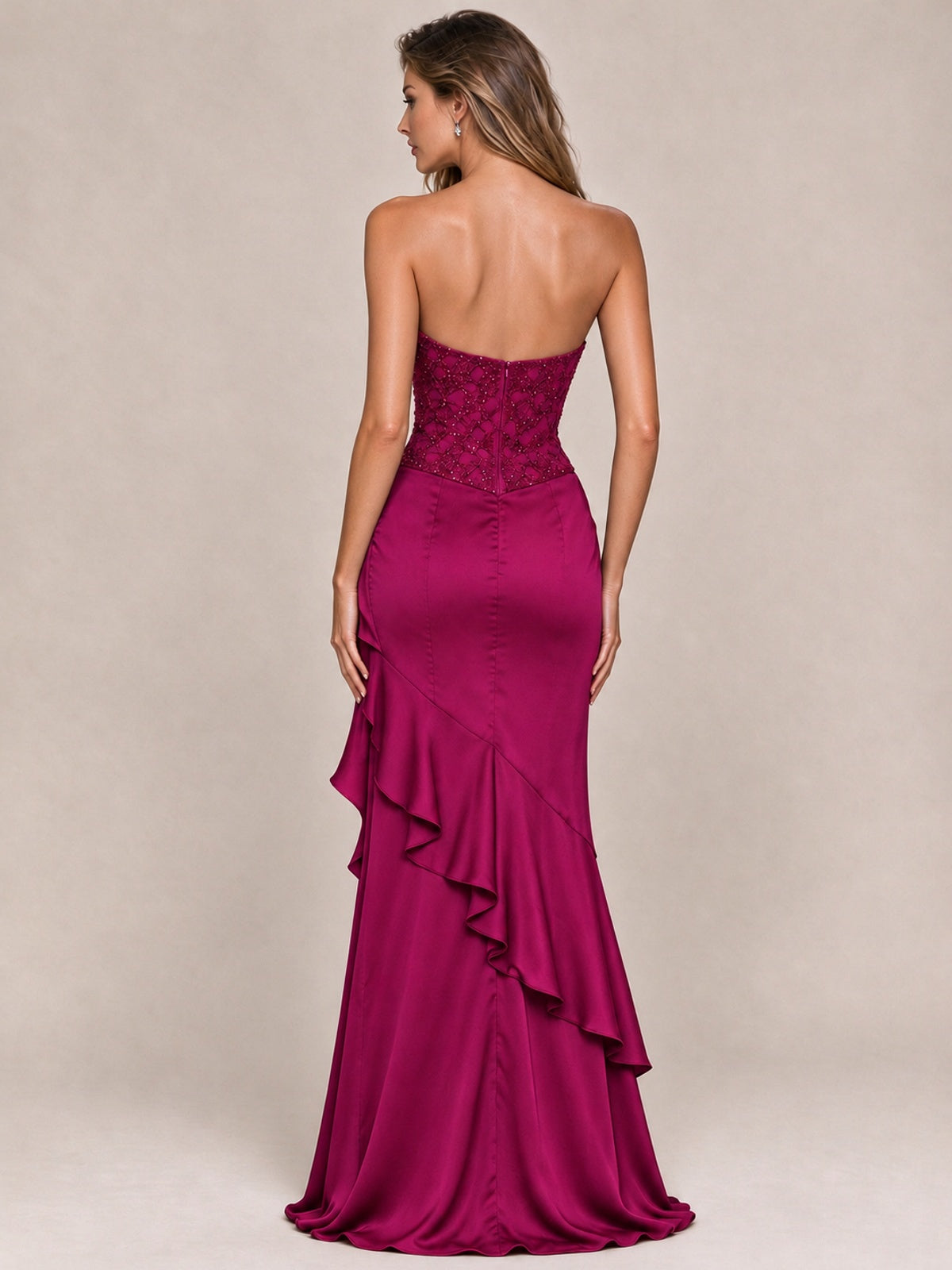 Strapless Lace Appliques Corset Satin Prom Dress Ruffle Slit Evening Gown