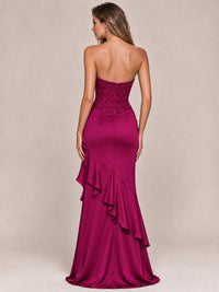 Strapless Lace Appliques Corset Satin Prom Dress Ruffle Slit Evening Gown