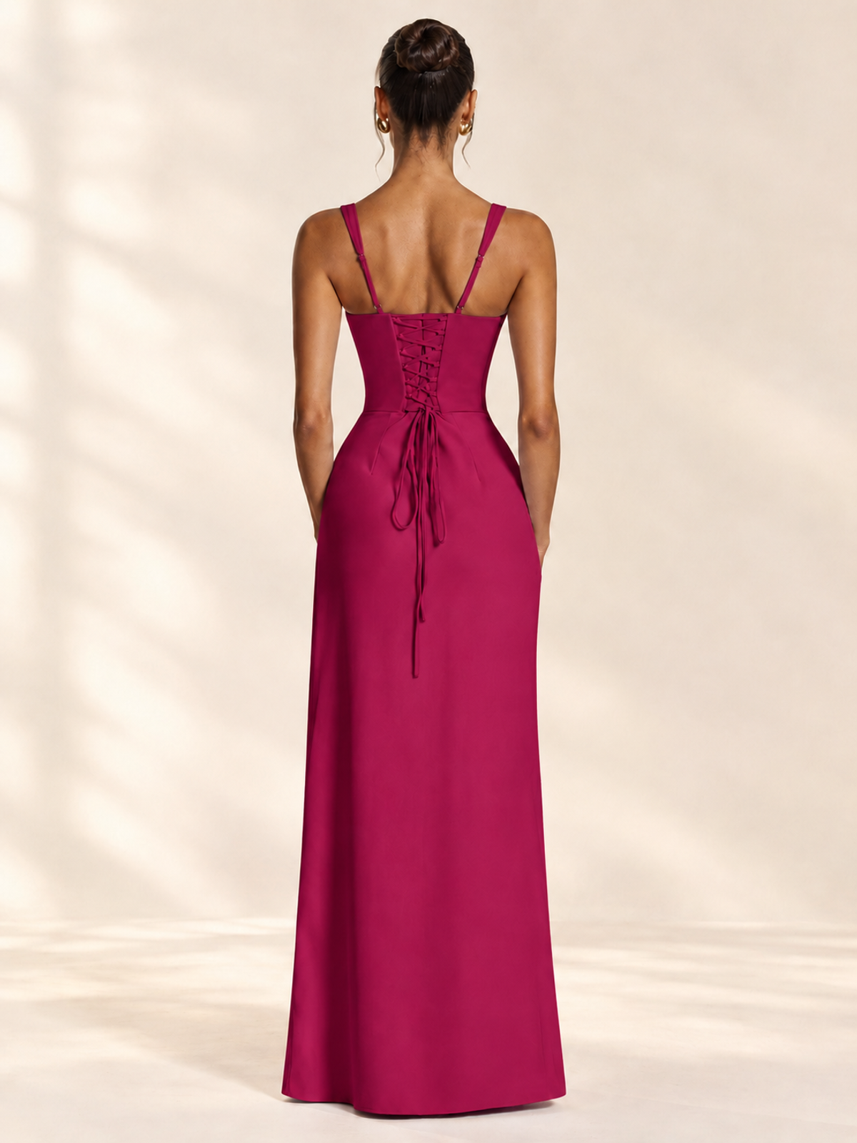 Square Neck Satin Sleeveless Ruched Prom Dress with High Slit
