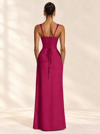 Square Neck Satin Sleeveless Ruched Prom Dress with High Slit