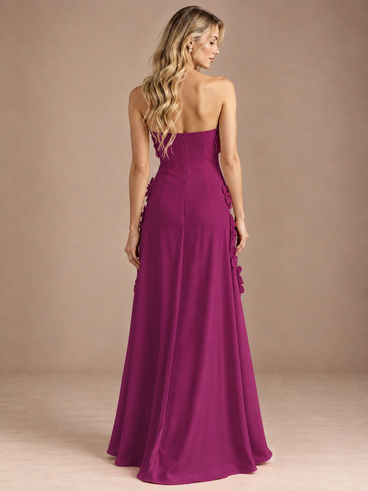 Yellow Strapless A-line Satin Maxi Dress with 3D Floral