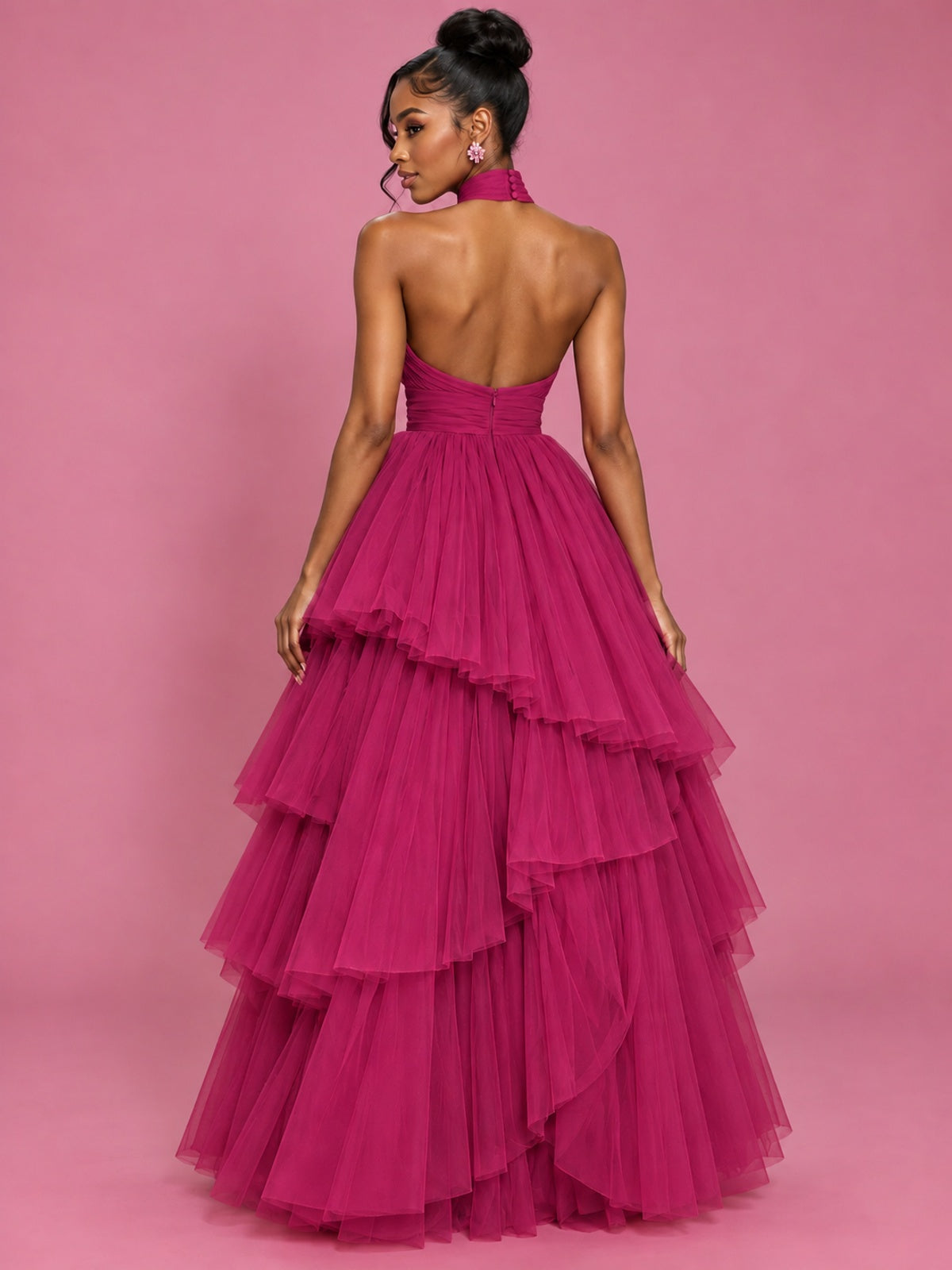Hot Pink Tulle Halter Neck Tiered Ruffle Maxi Dress