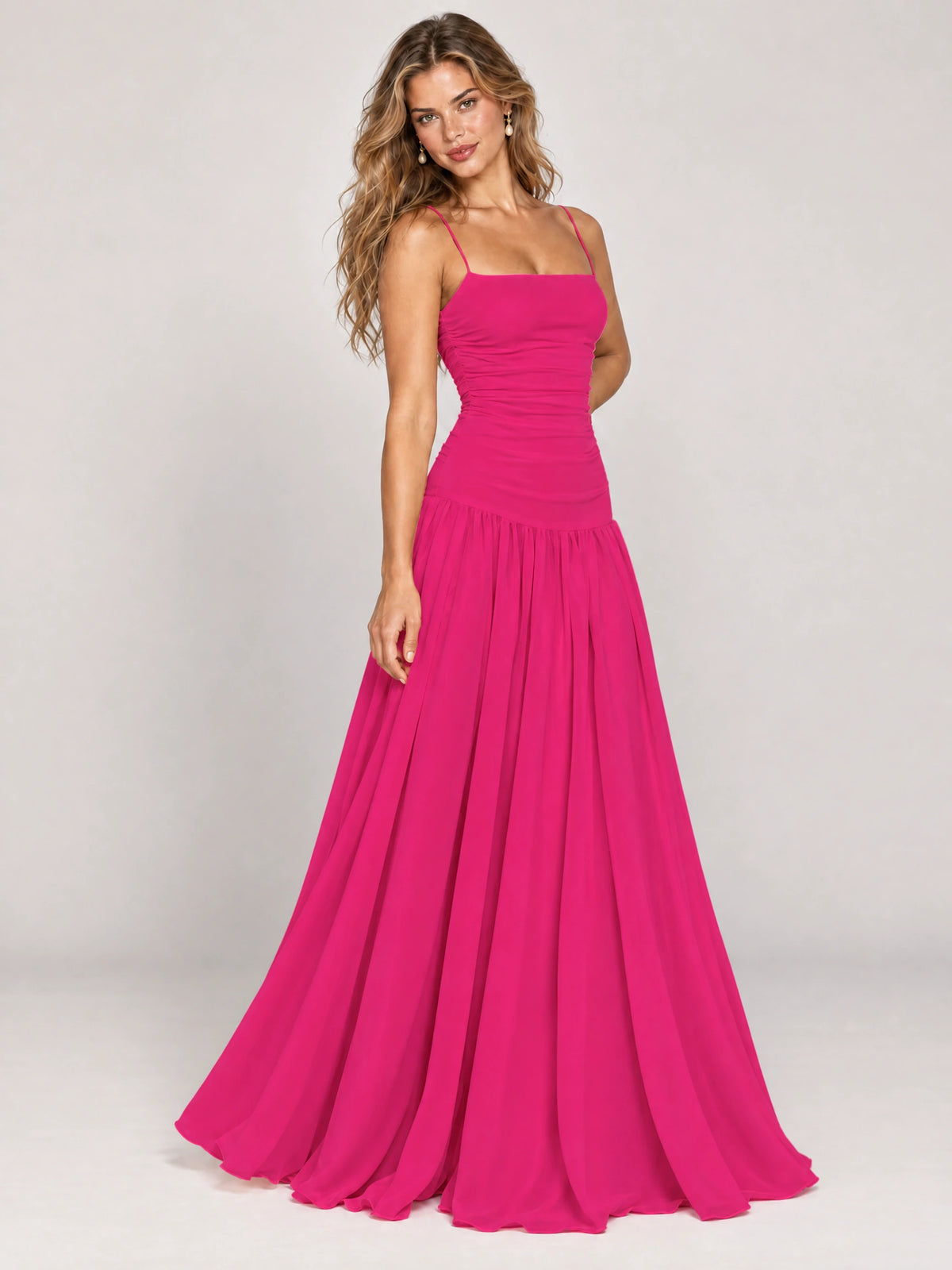 Butter Yellow Ruched Spaghetti Strap Drop-Waist Prom Dress