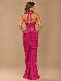 Sweetheart Halter Prom Dress Pleated Lace Floral Formal Dress with Slit