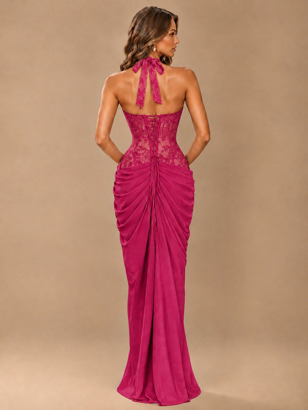 Sweetheart Halter Prom Dress Pleated Lace Floral Formal Dress with Slit