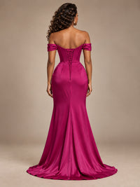 Burgundy Off-the-Shoulder Satin Corset Prom Dress with Slit
