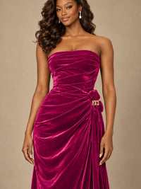 Burgundy Velvet Strapless Ruched Prom Dress with Jeweled Side Drape