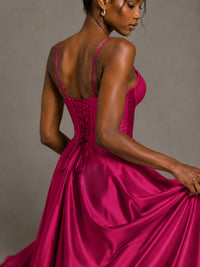 Lavender V Neck Satin Prom Dress with Spaghetti Straps