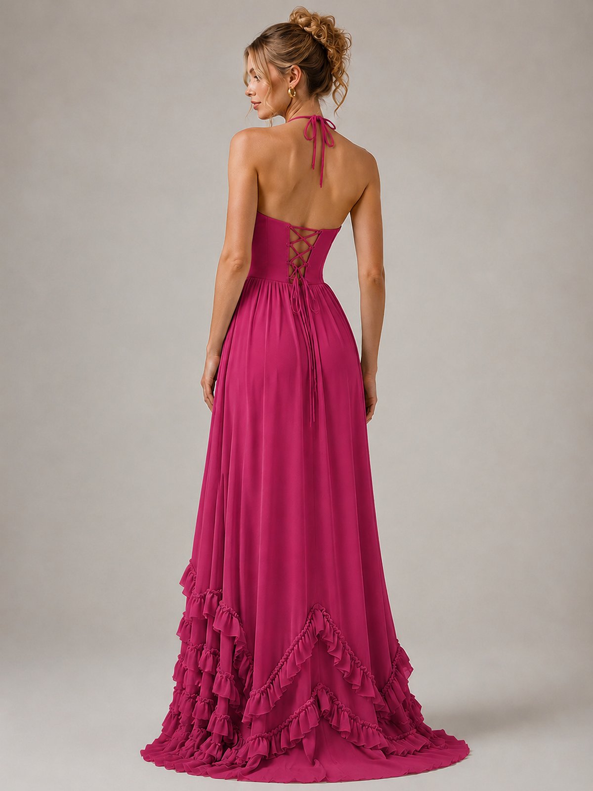 Halter V Neck Chiffon Formal Dress with Lace-Up Back and Ruffle Hem