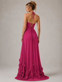 Halter V Neck Chiffon Formal Dress with Lace-Up Back and Ruffle Hem