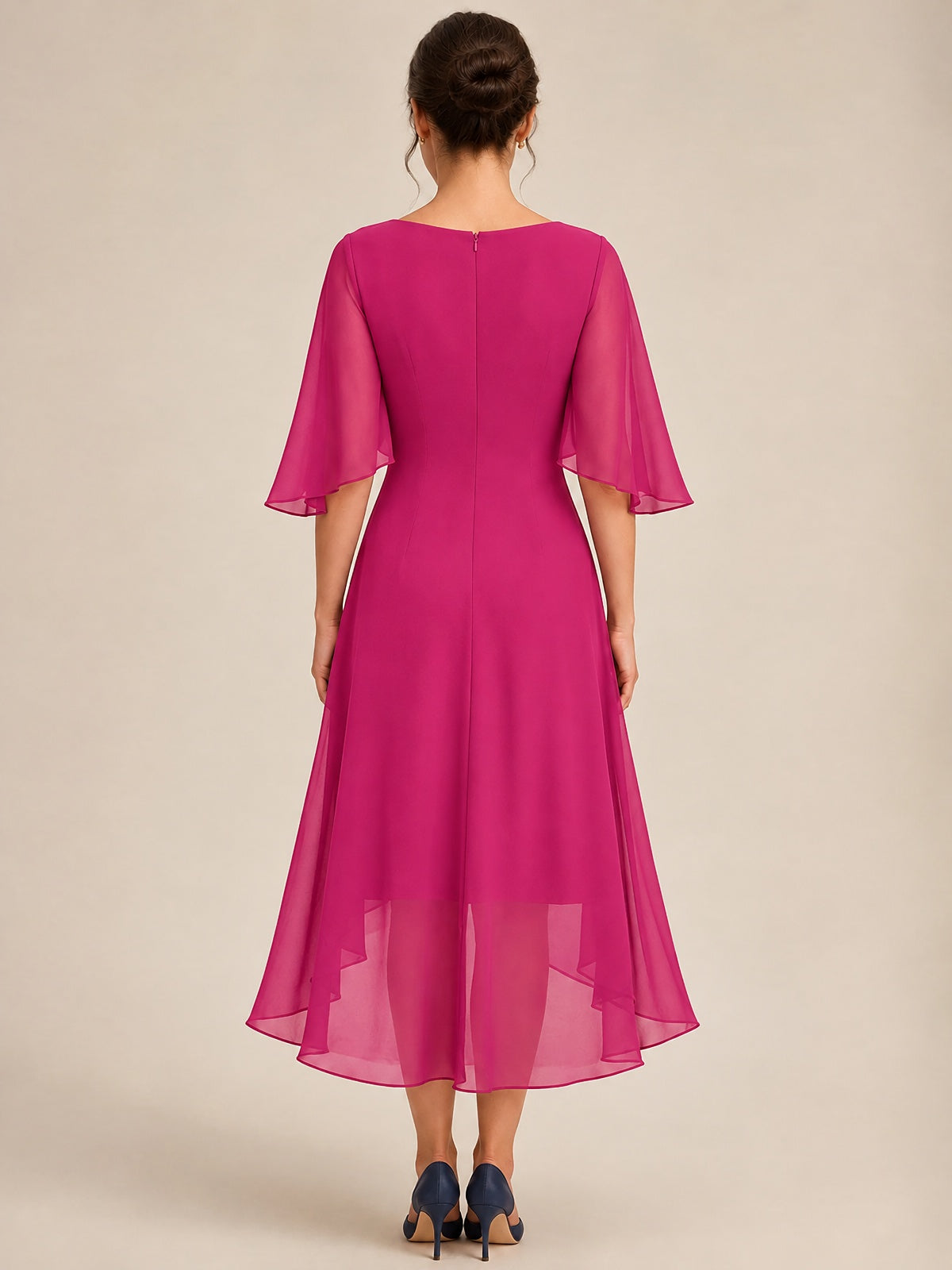 Cowl Neck Ruched Chiffon Mother of the Bride Dresses with Flutter Sleeves
