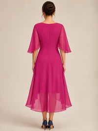 Cowl Neck Ruched Chiffon Mother of the Bride Dresses with Flutter Sleeves