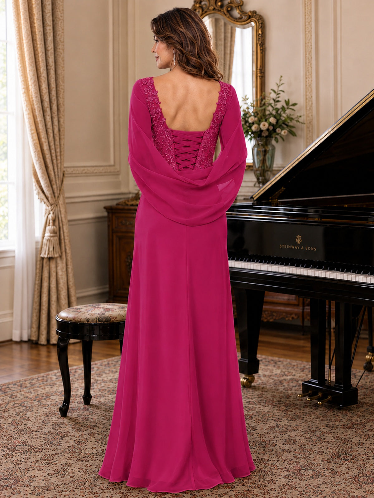 Elegant Applique Chiffon Mother of the Bride Dress with Cape Sleeves