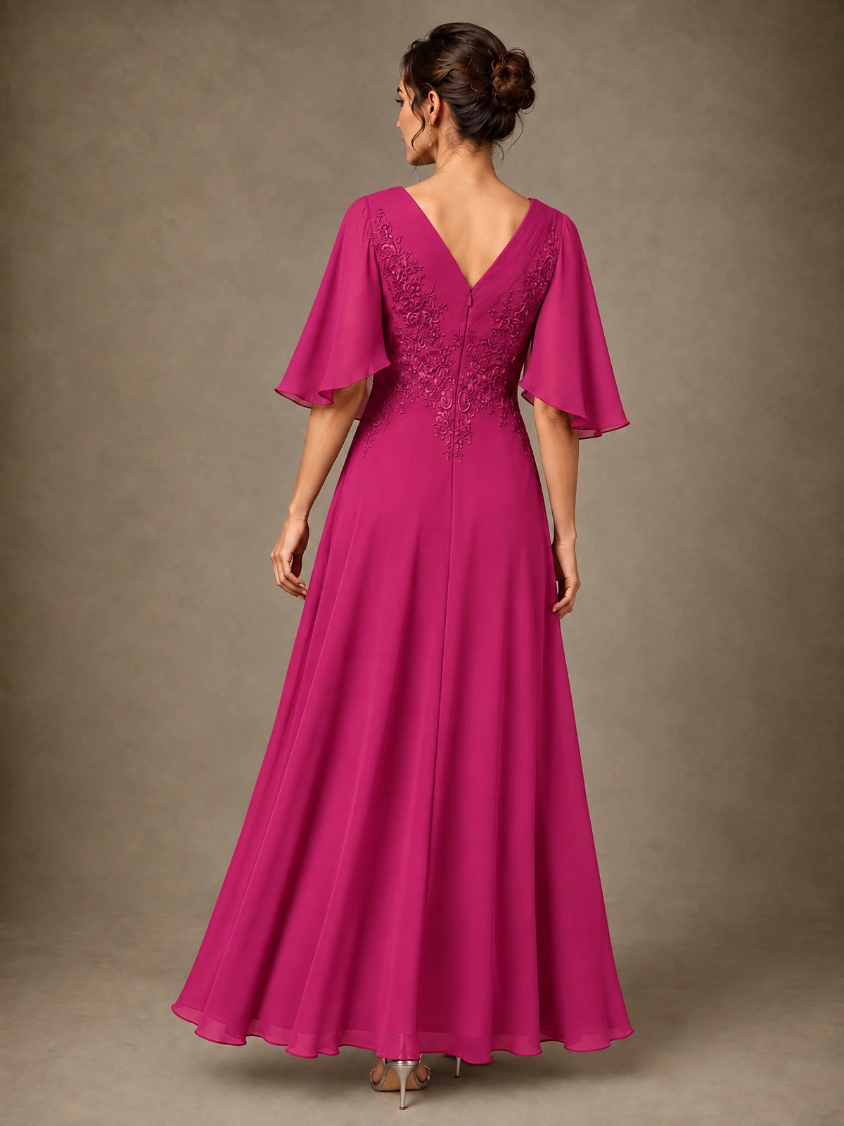 V-Neck Chiffon Lace Mother of the Bride Dress with Flutter Sleeves