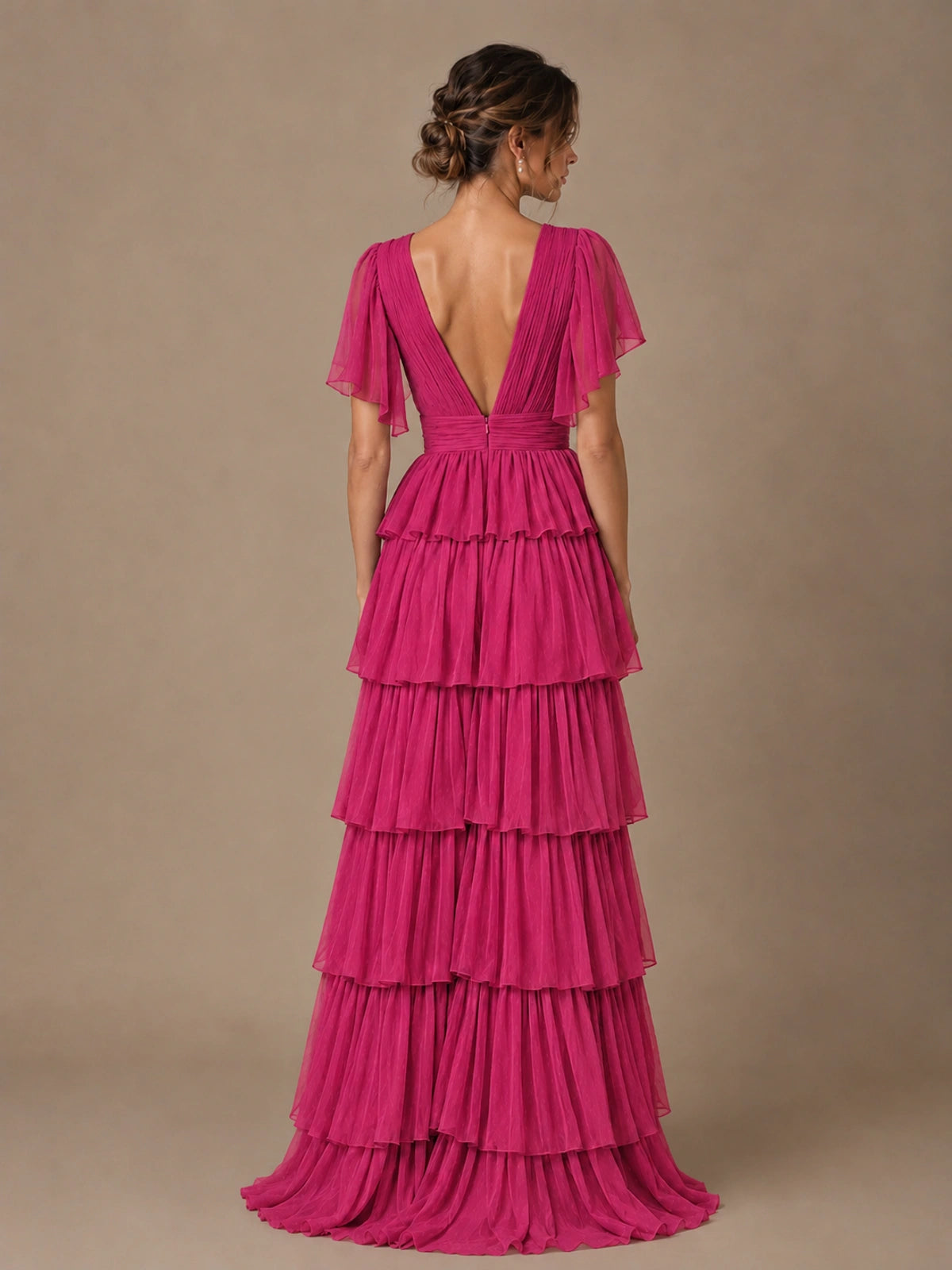 Chiffon V-Neck Tiered Ruffle Bridesmaid Dress with Slit