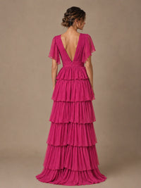 Chiffon V-Neck Tiered Ruffle Bridesmaid Dress with Slit