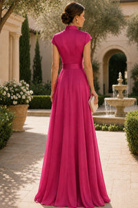 V Neck Cap Sleeve A-Line Floor-Length Satin Bridesmaid Dress
