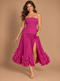 Navy Blue Strapless Pleated A-Line Midi Dress with 3D Floral Applique